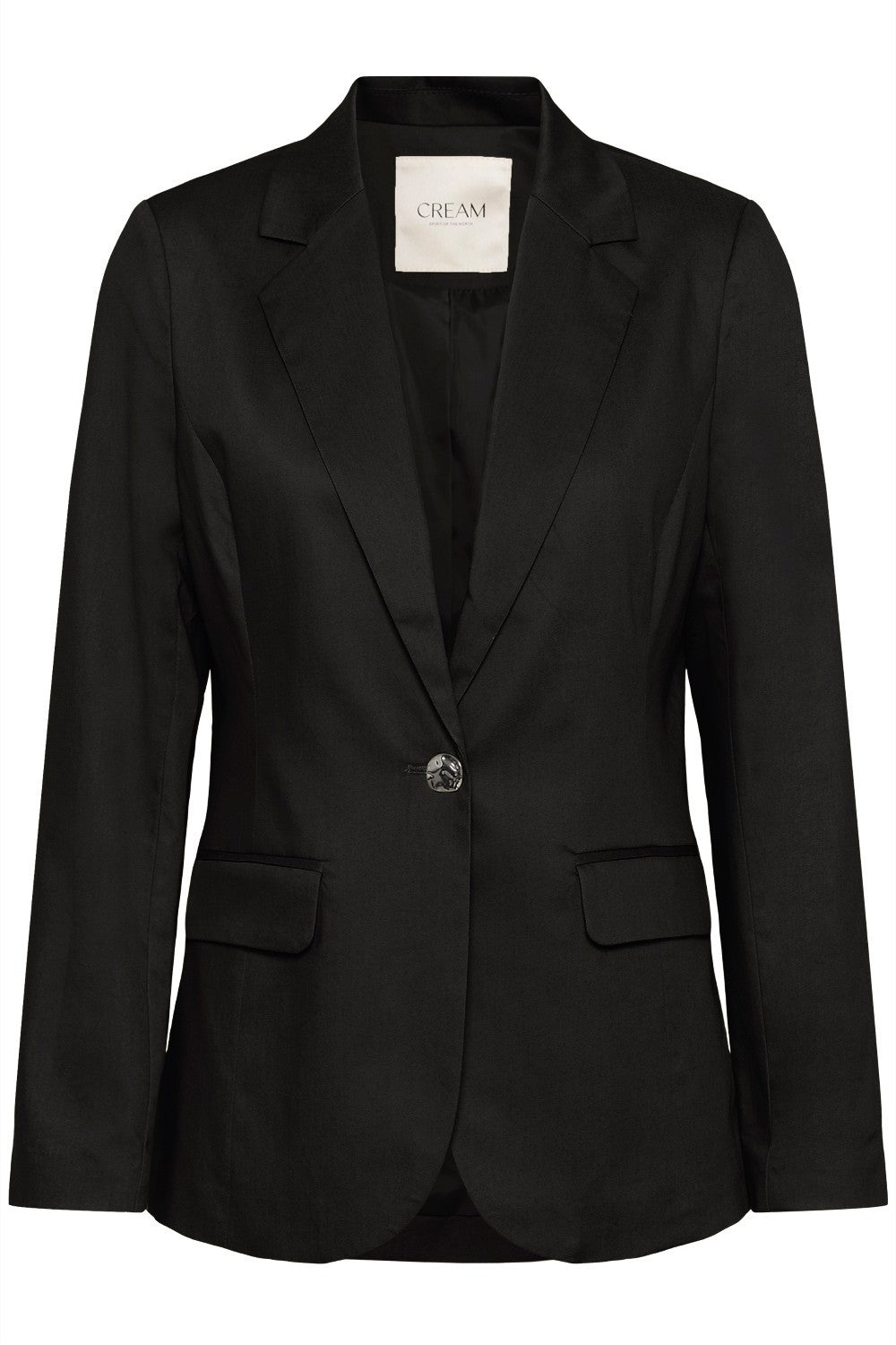 Black blazer with a visible brand label on a white background