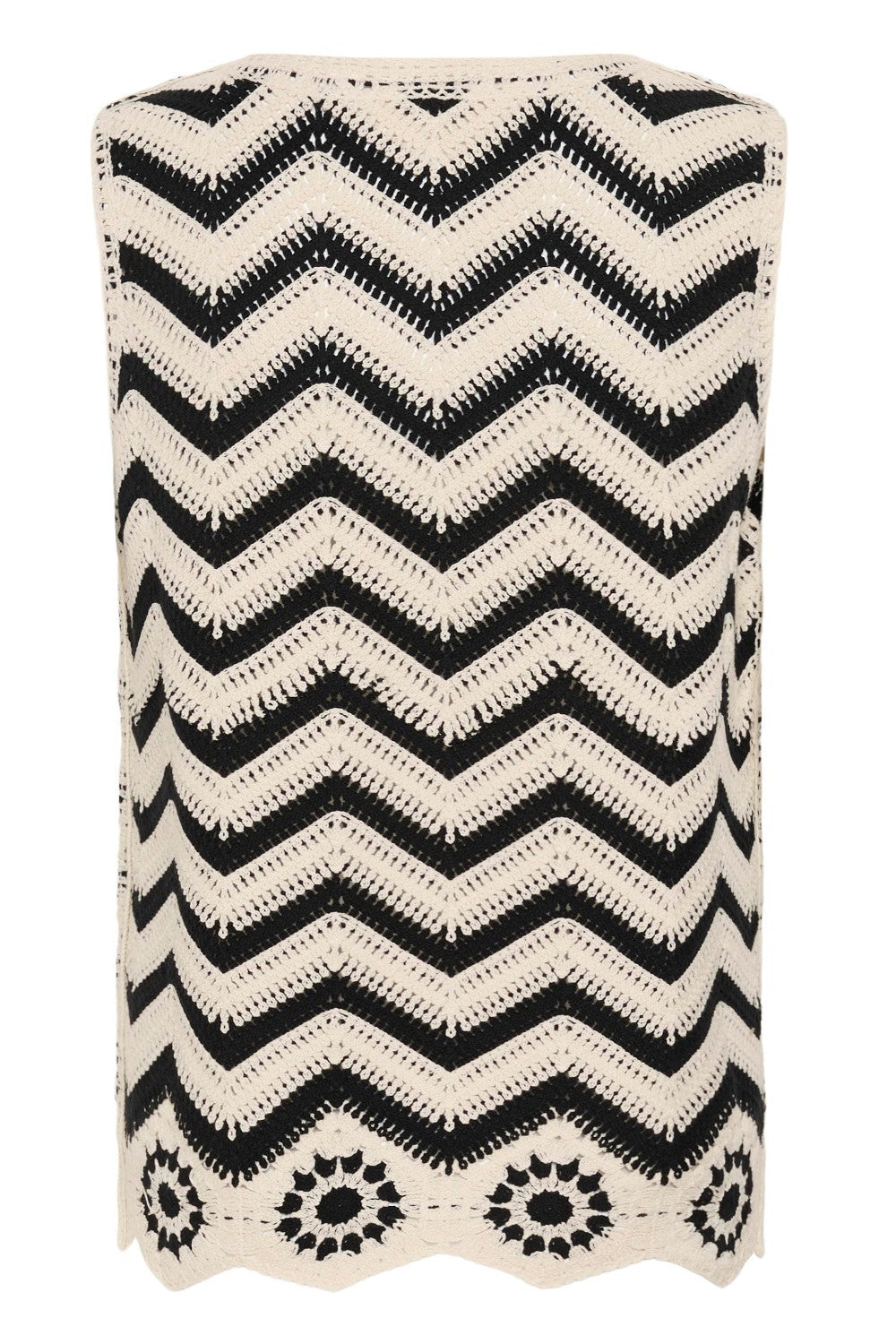 Black and white zigzag patterned vest with decorative elements on a white background