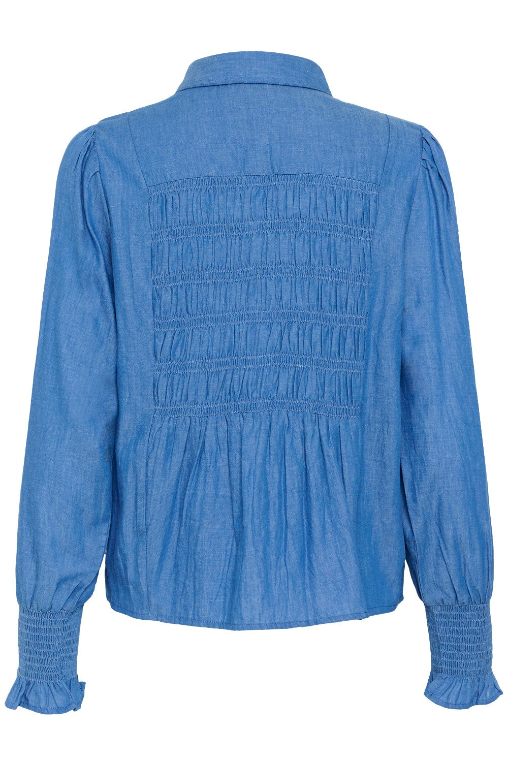 Blue shirt with smocked details on a white background