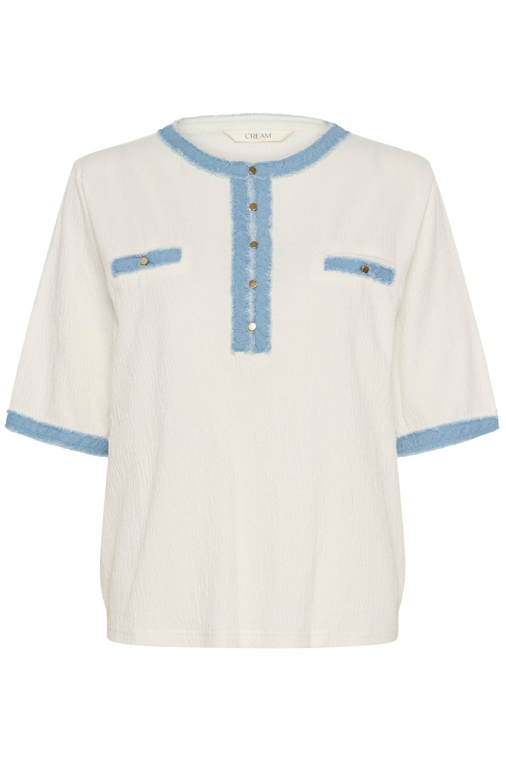 White blouse with blue accents on a white background