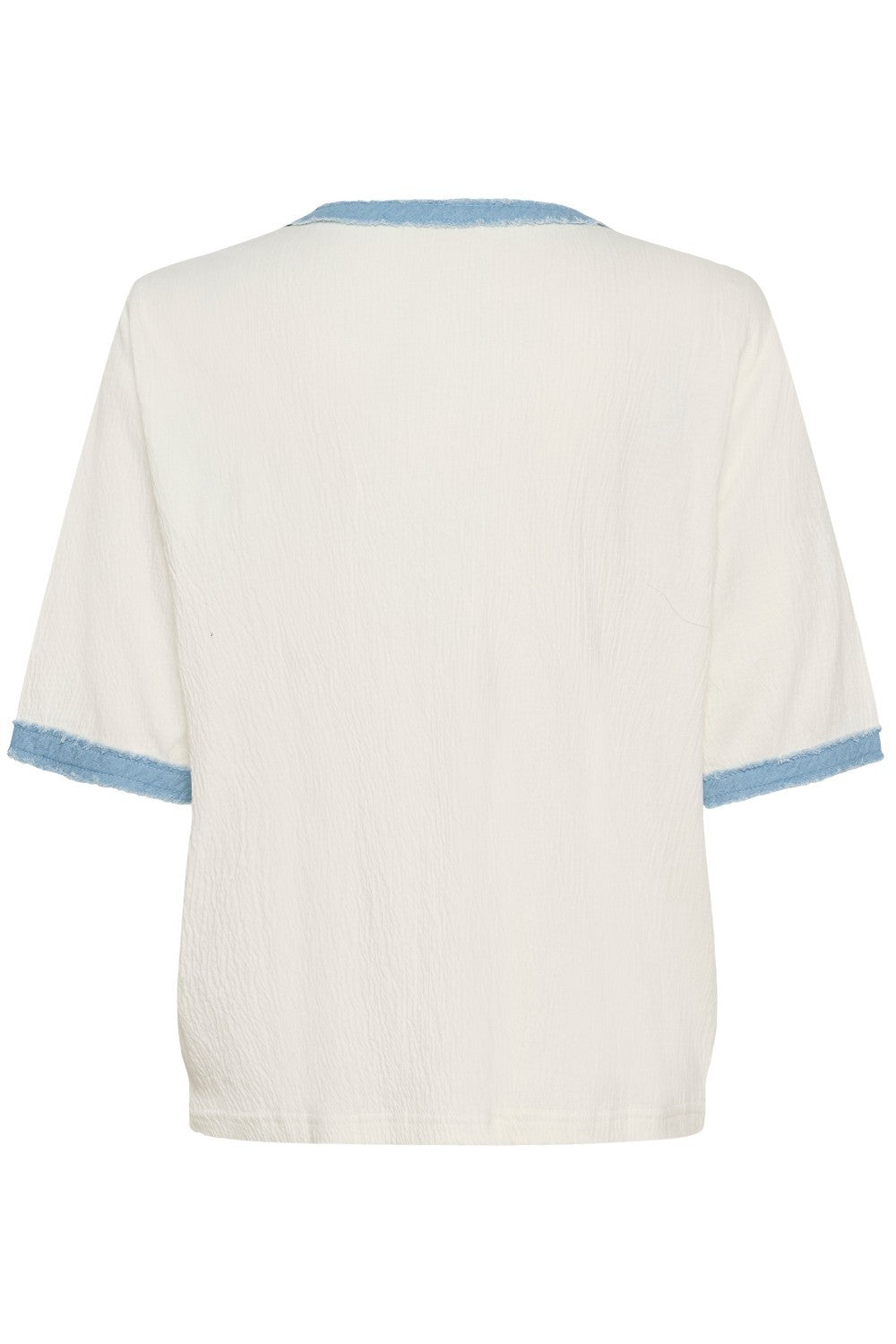 White t-shirt with blue trim on a white background
