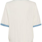 White t-shirt with blue trim on a white background