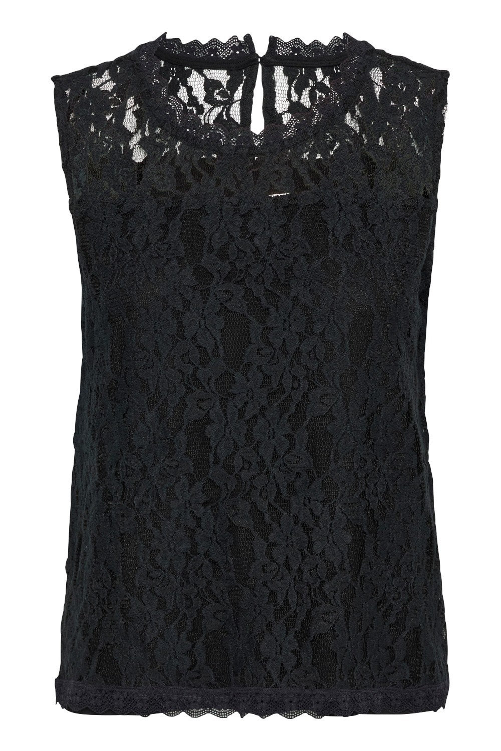Black lace sleeveless top on a white background