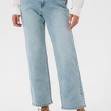 Light blue jeans worn by a person on a white background