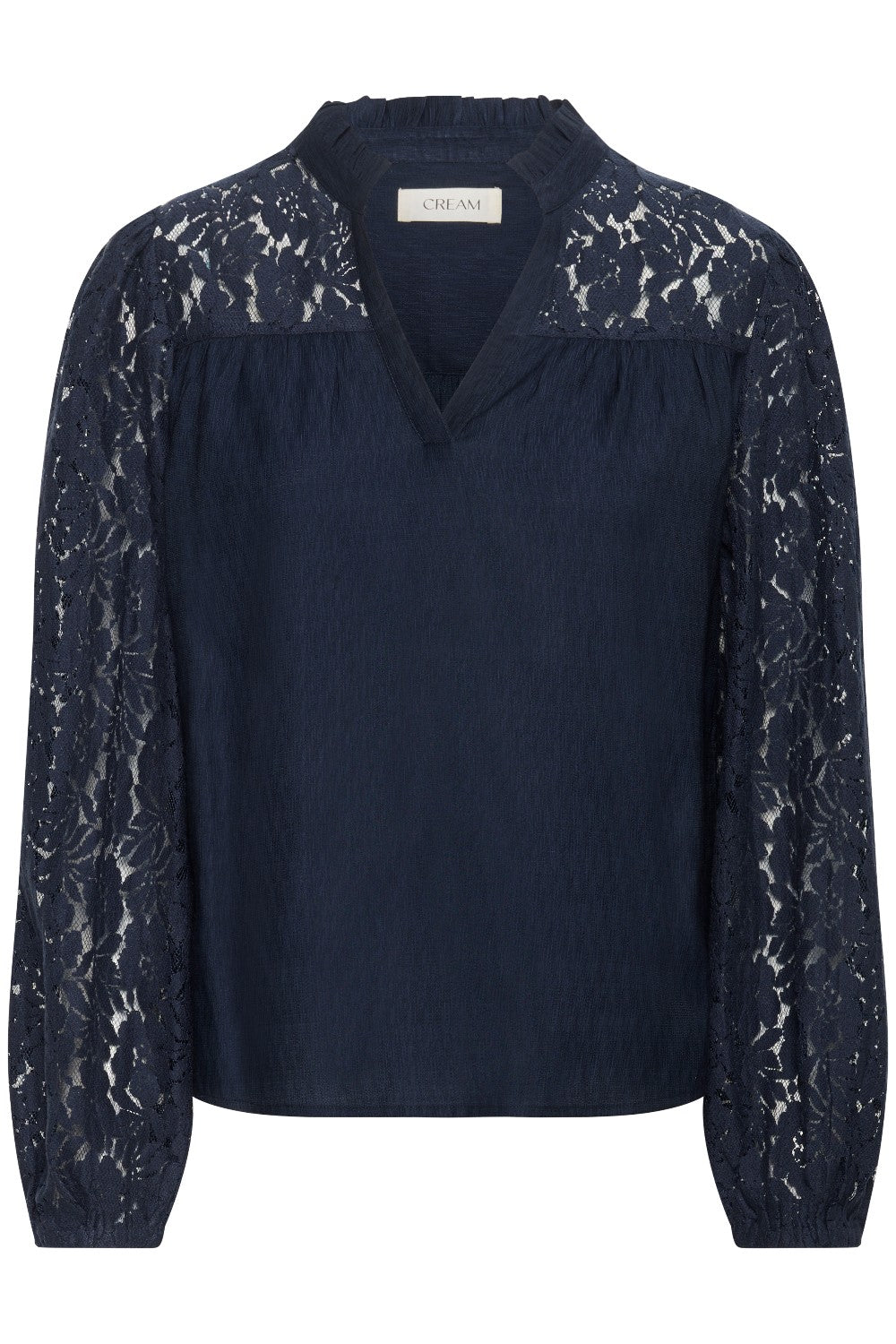 Navy blouse with lace shoulders and sleeves on white background