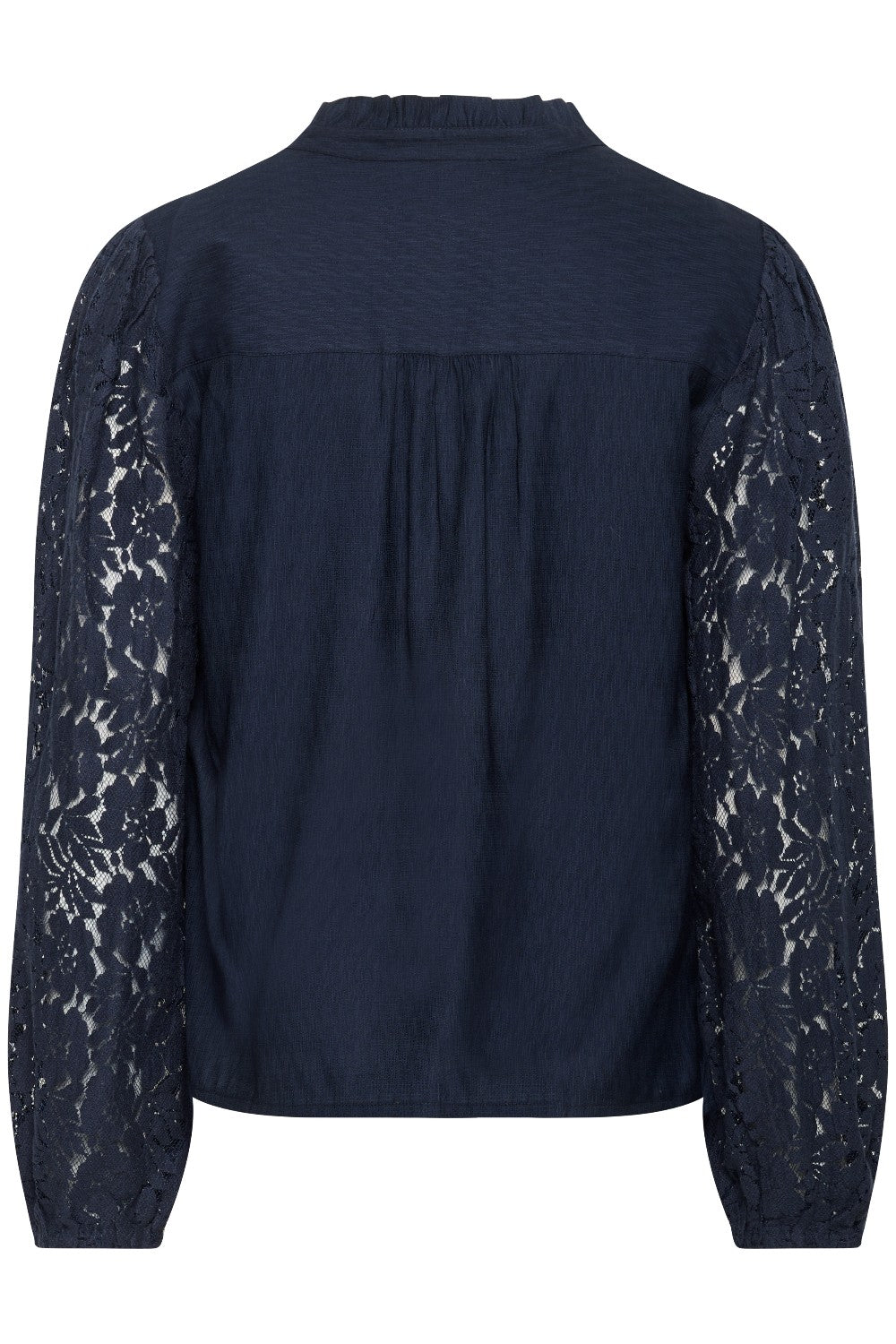 Navy blue blouse with lace sleeves on a white background