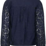 Navy blue blouse with lace sleeves on a white background