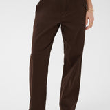 Brown pants worn by a person on a white background