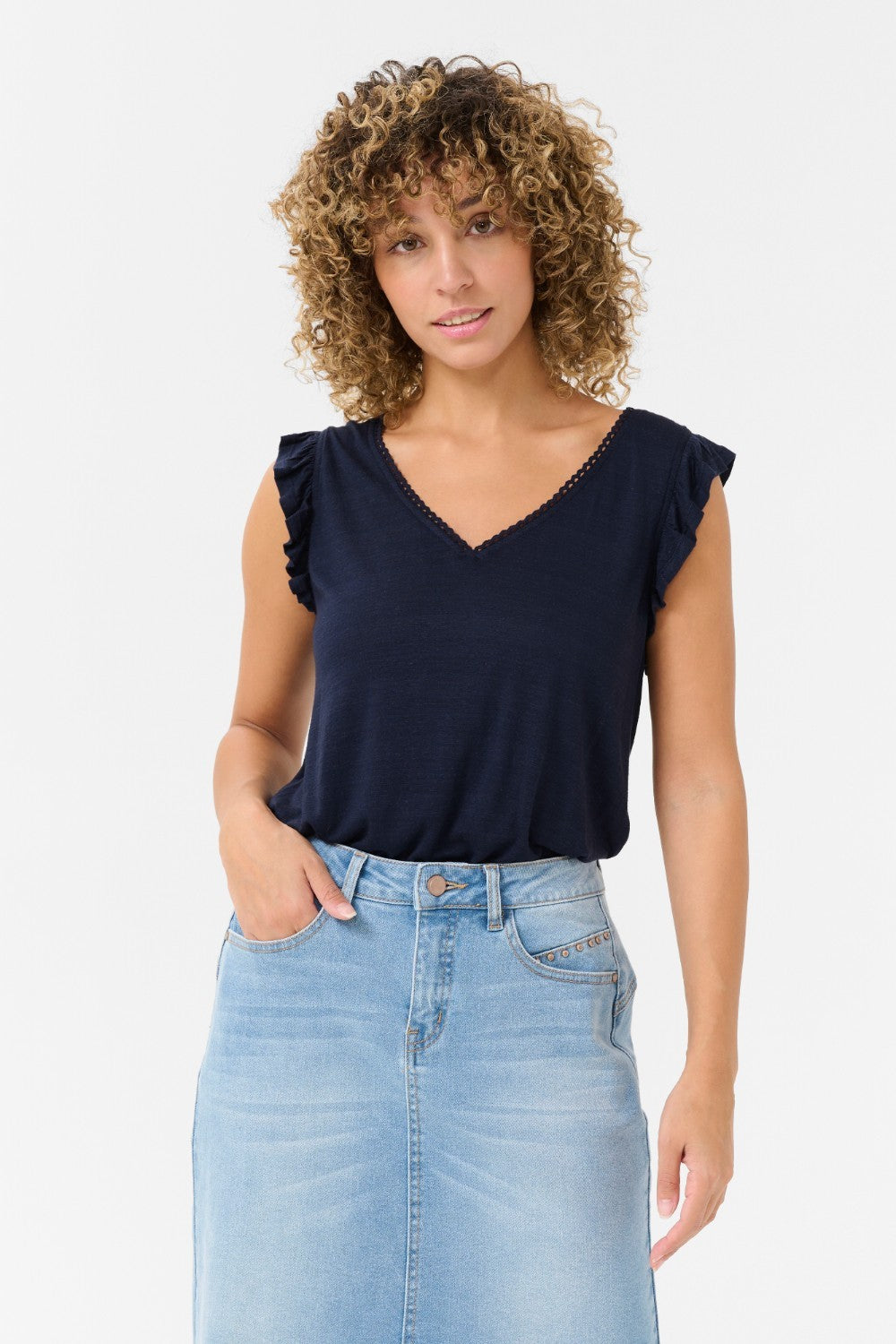 Expertly crafted to elevate your casual wardrobe, the Cream Luna Jersey TShirt features a solid design with a linen blend for softness and breathability. The delicate cap sleeves add a feminine touch to this versatile and stylish top. It's a must-have!