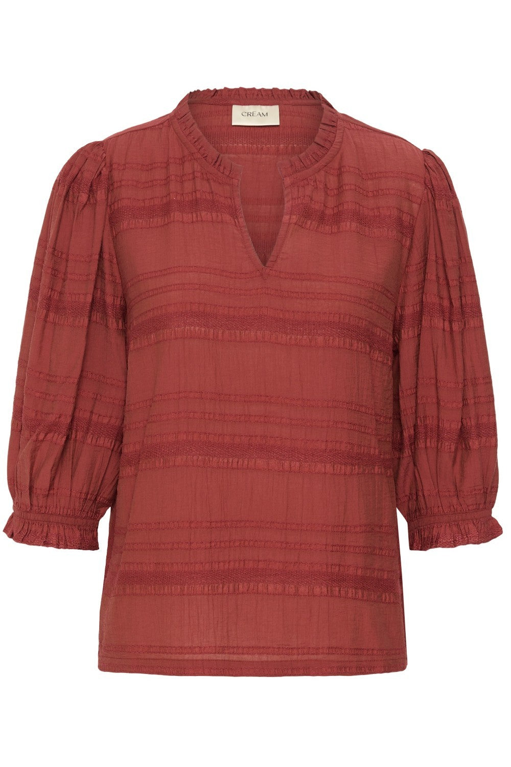 Red blouse with ruffled sleeves on a white background