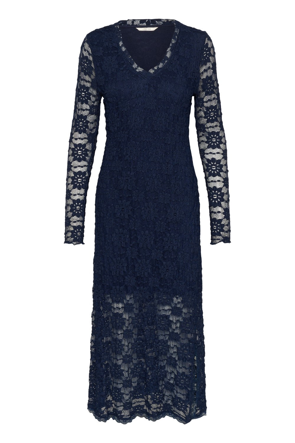Navy lace dress with long sleeves on a white background