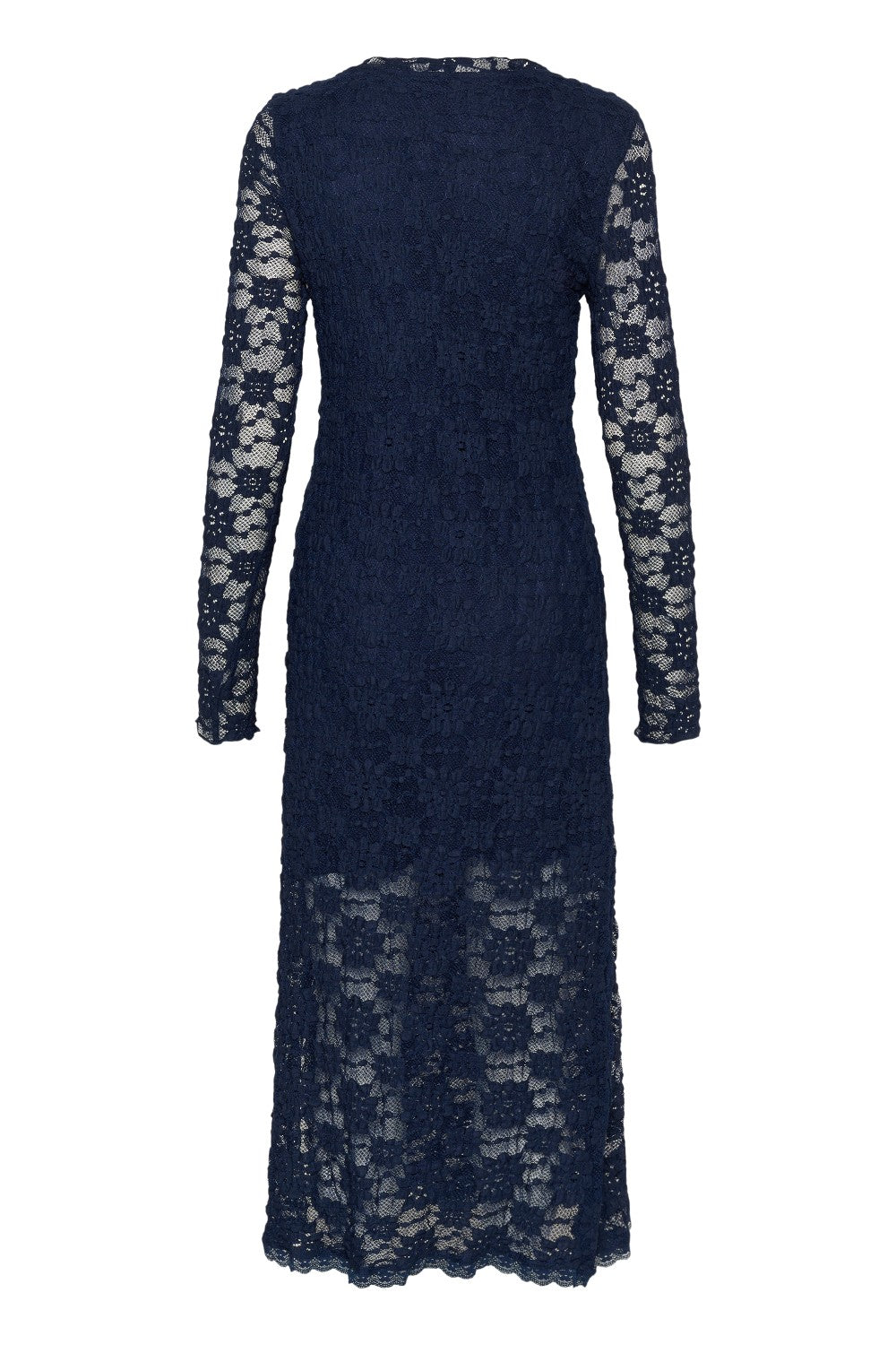 Navy blue lace dress with long sleeves on a white background