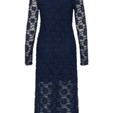 Navy blue lace dress with long sleeves on a white background