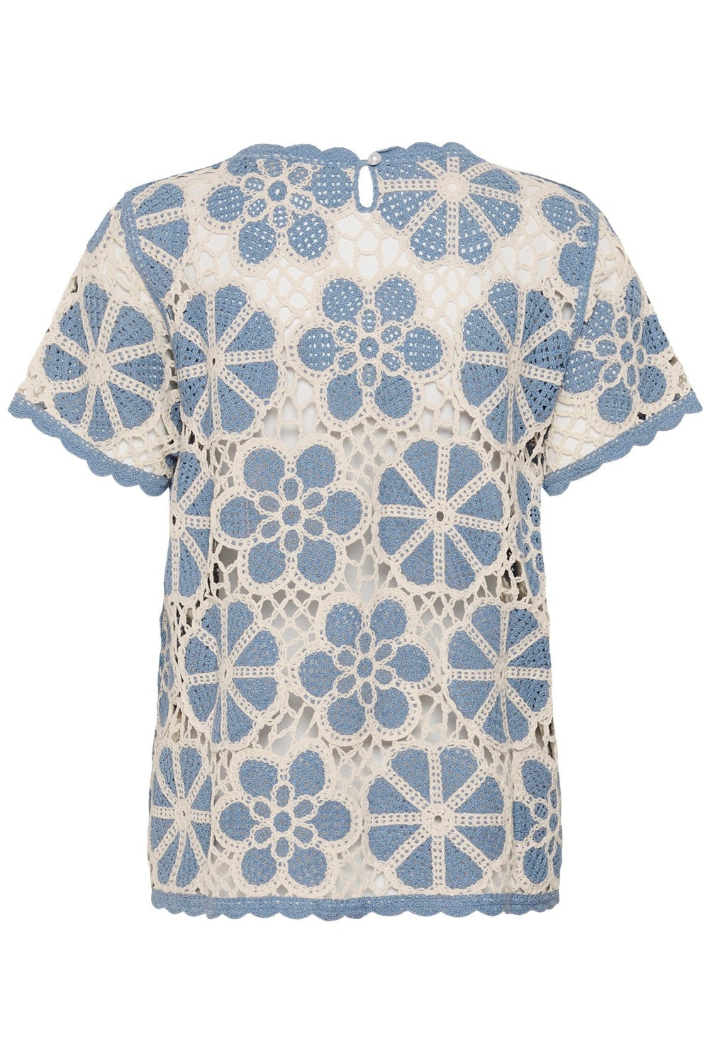 Blue and white floral lace top on a white background