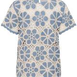 Blue and white floral lace top on a white background