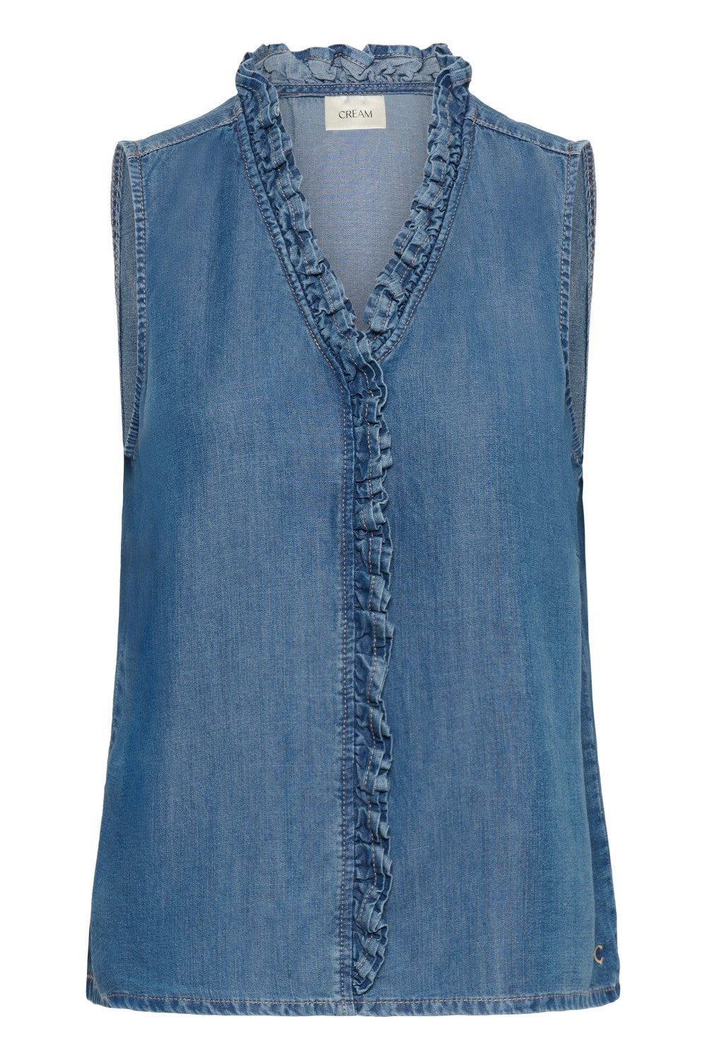 Blue denim sleeveless top with ruffled details on a white background