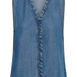 Blue denim sleeveless top with ruffled details on a white background