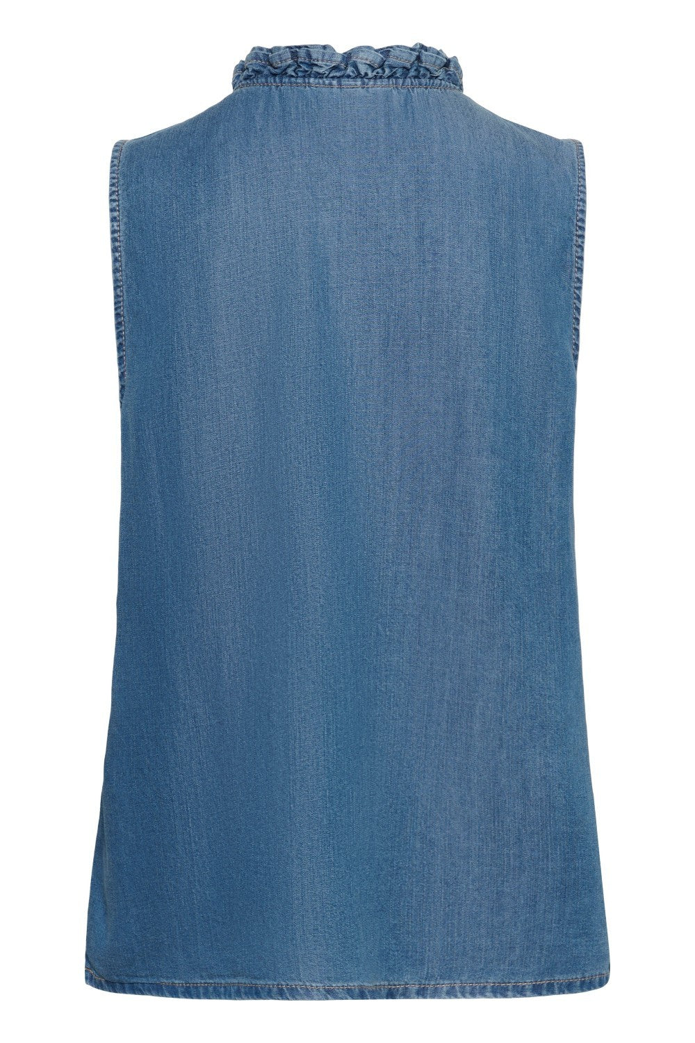 Blue denim sleeveless top on a white background