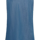 Blue denim sleeveless top on a white background