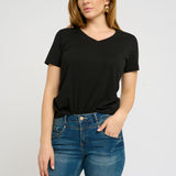 This black, short-sleeved v-neck Tshirt is made from a comfortable and soft cotton/modal blend, ensuring top-notch quality. With a sleek design and versatile colour, it's the perfect addition to any wardrobe.