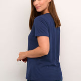 This blue, short-sleeved v-neck Tshirt is made from a comfortable and soft cotton/modal blend, ensuring top-notch quality. With a sleek design and versatile colour, it's the perfect addition to any wardrobe.