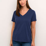 This blue, short-sleeved v-neck Tshirt is made from a comfortable and soft cotton/modal blend, ensuring top-notch quality. With a sleek design and versatile colour, it's the perfect addition to any wardrobe.