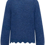 Blue sweater with scalloped hem on a white background