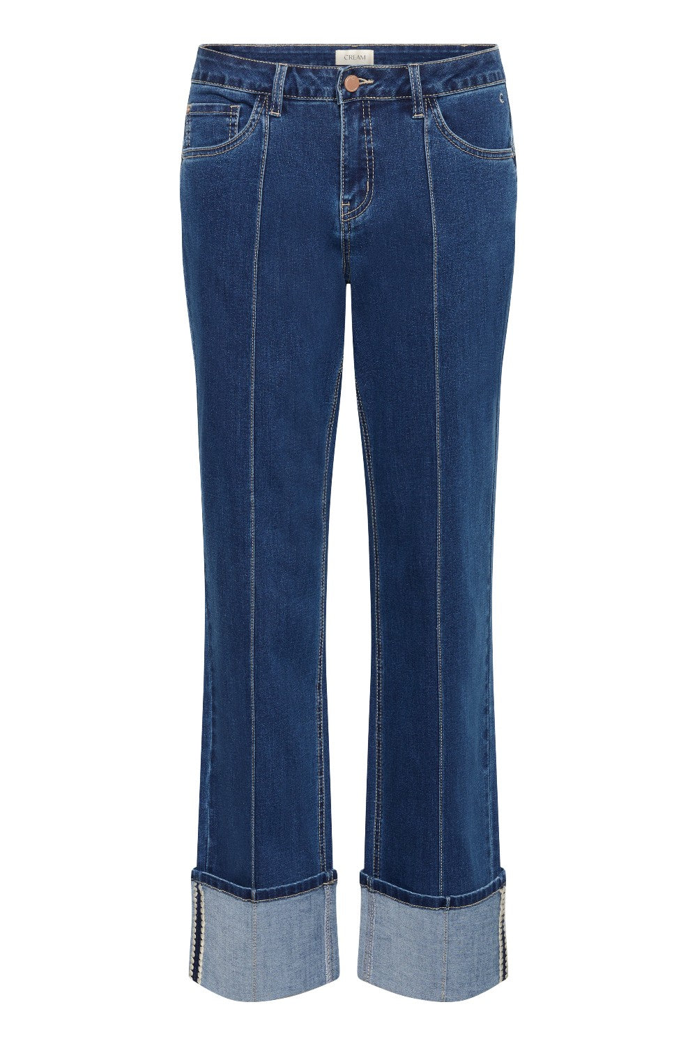 Blue jeans with cuffed hems on a white background