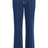 Blue jeans with cuffed hems on a white background