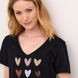 Add a touch of love to your wardrobe with our Cream Rllia T-Shirt. Made with soft cotton, this black v-neck tee features a playful heart motif. Perfect for casual days or dressing up with a twist of humour.