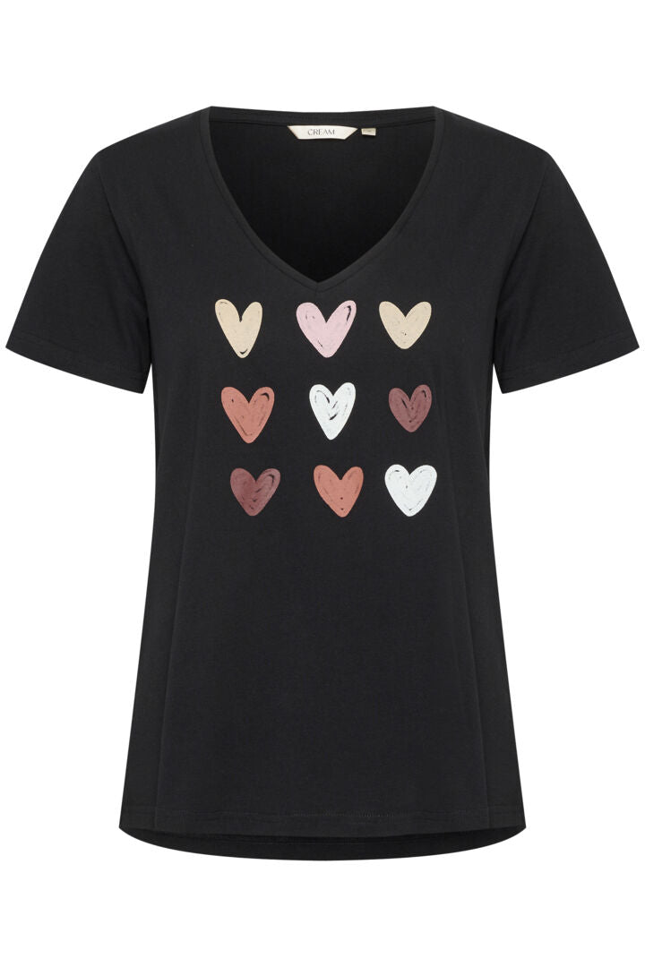 Add a touch of love to your wardrobe with our Cream Rllia T-Shirt. Made with soft cotton, this black v-neck tee features a playful heart motif. Perfect for casual days or dressing up with a twist of humour.