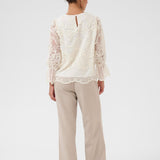 Person wearing a white lace top and beige pants on a white background