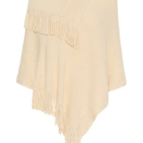 Beige knitted poncho with fringe details on a white background