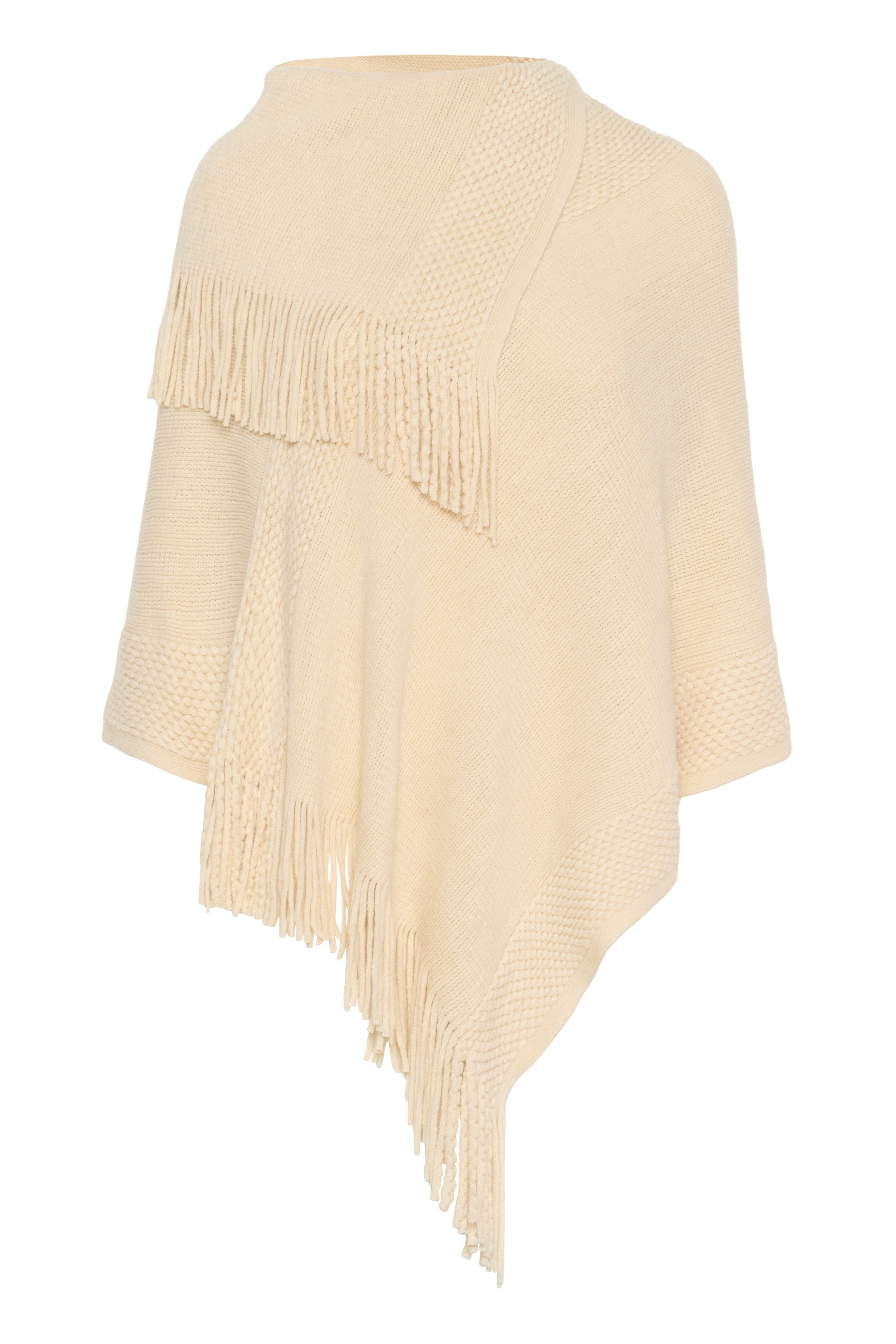 Beige knitted poncho with fringe details on a white background