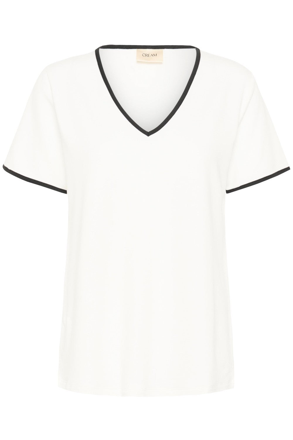 White t-shirt with black trim on a white background