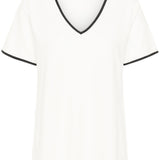 White t-shirt with black trim on a white background