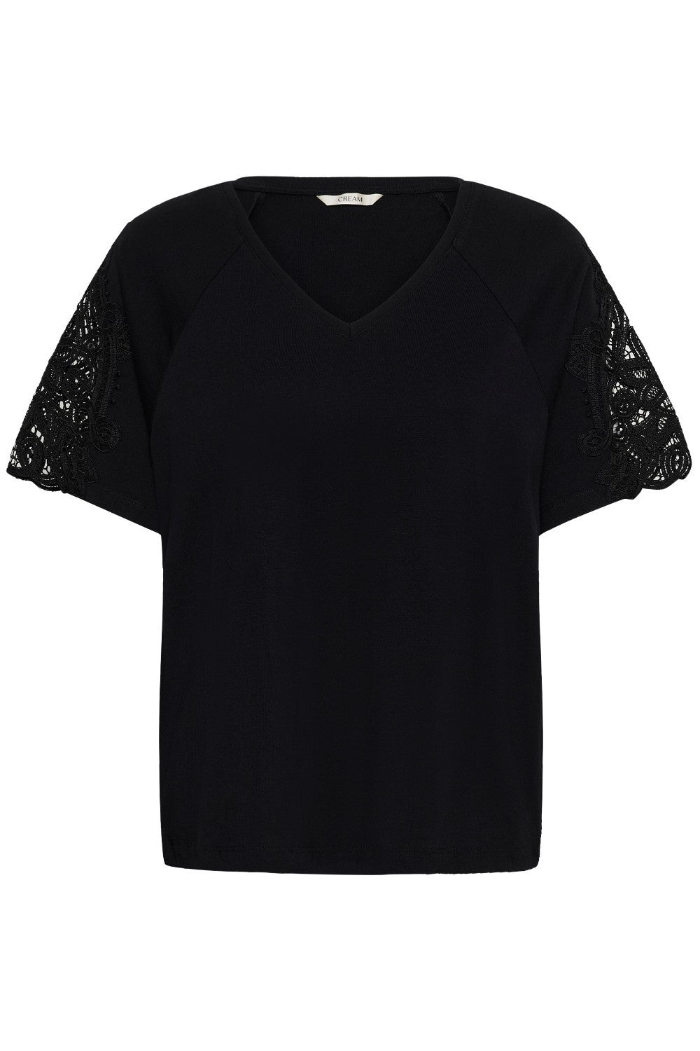 Black t-shirt with lace sleeves on white background