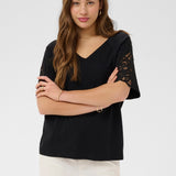 Woman wearing a black top with lace sleeves against a white background