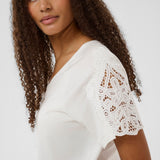 Woman wearing a white top with lace sleeves on a plain background
