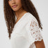 Woman wearing a white top with lace sleeves on a plain background