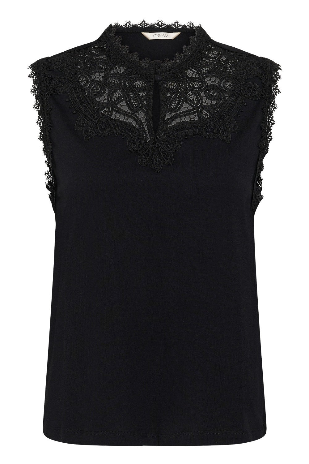 Black sleeveless top with lace detailing on a white background