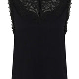 Black sleeveless top with lace detailing on a white background