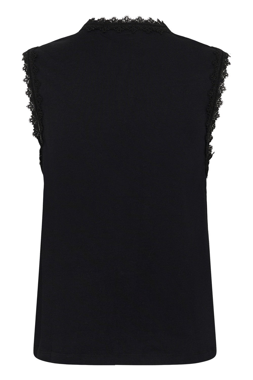 Black sleeveless top with lace details on a white background