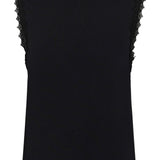 Black sleeveless top with lace details on a white background