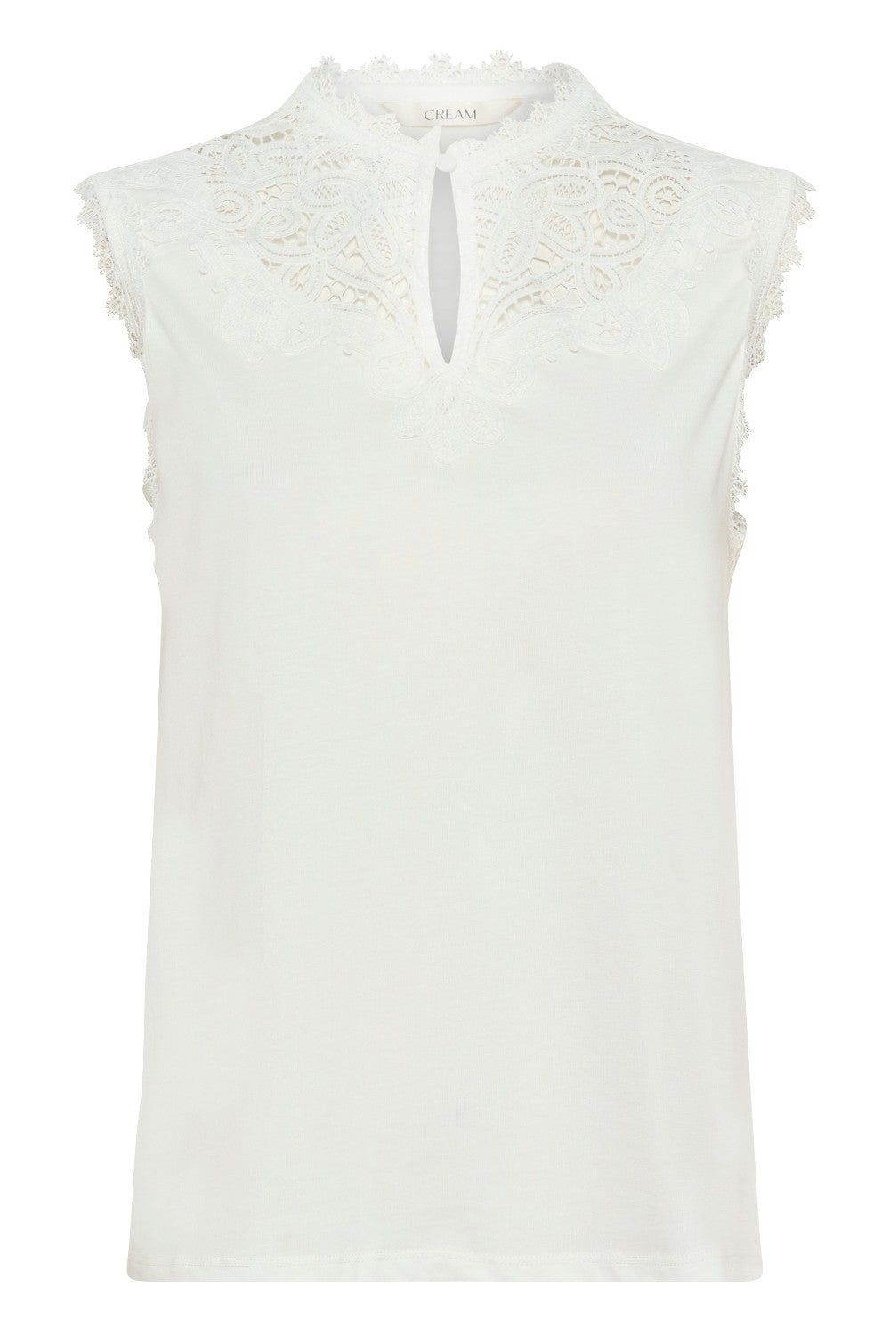White sleeveless top with lace details on a white background