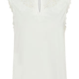 White sleeveless top with lace details on a white background