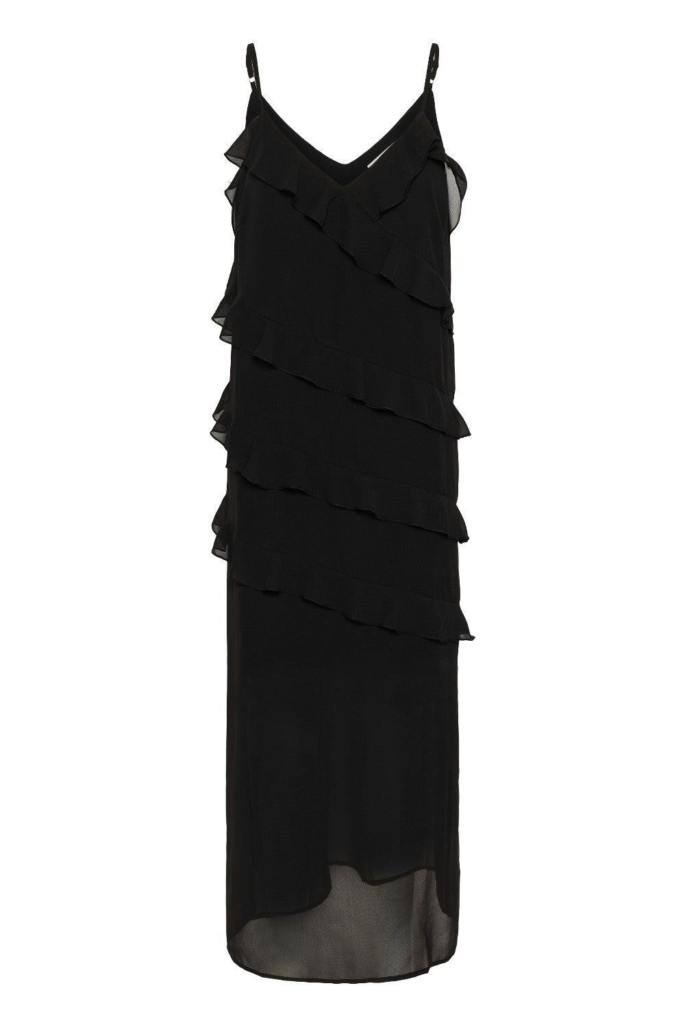 Black ruffled dress on a white background