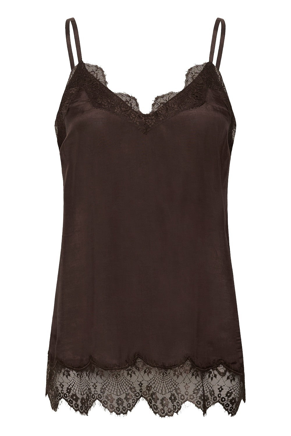 Brown lace-trimmed camisole on a white background