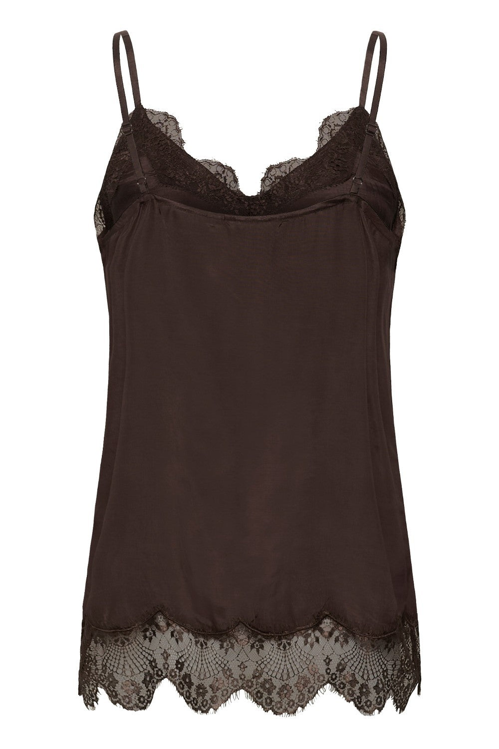 Brown satin camisole with lace trim on a white background