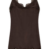 Brown satin camisole with lace trim on a white background